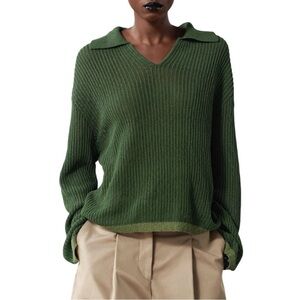 Zara Green Textured Open Knit Collared V-Neck Oversized Spring Sweater Top